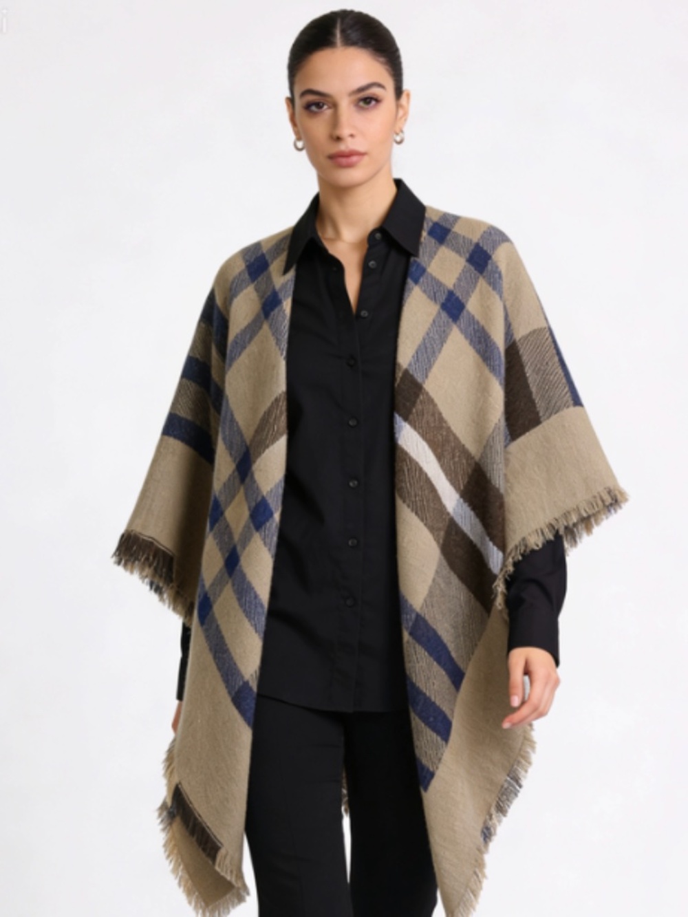 New Shawl Poncho Warm Plaid Tan Blue Black One Size